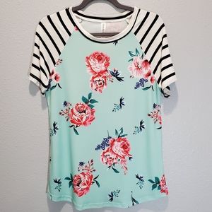 Womens Peony and Teal shirt with striped sleeves
